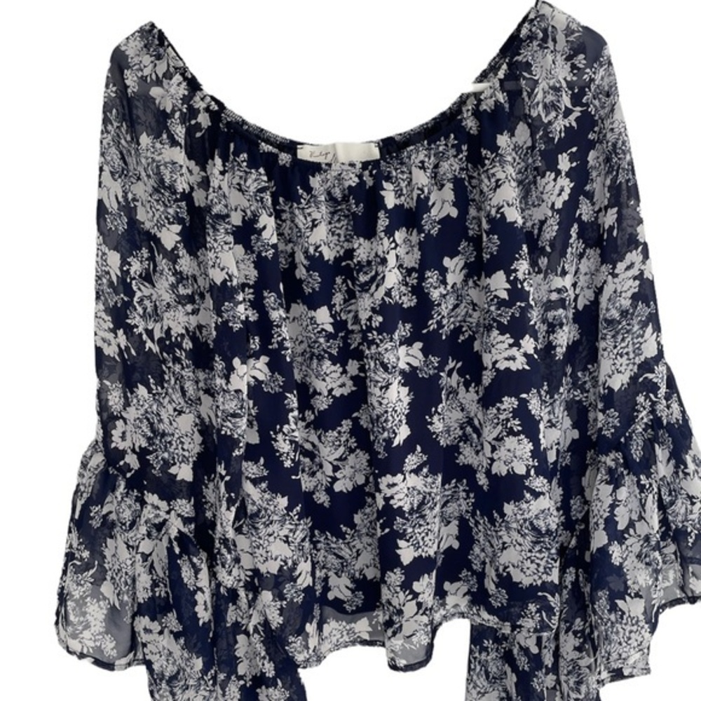 Vintage Havana Navy Blue White Floral Bell Sleeve Off Shoulder Blouse Top‎